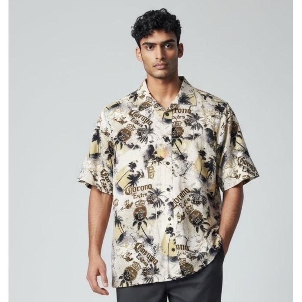 Corona Extra Palm Tree Graphic Button Down Shirt Beach Vacation Aesthetic